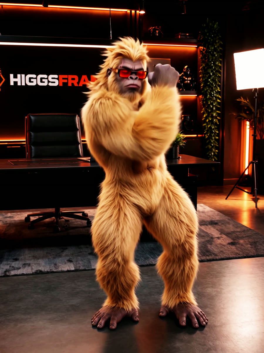 Golden Gorilla midden in een dansmove in de studio