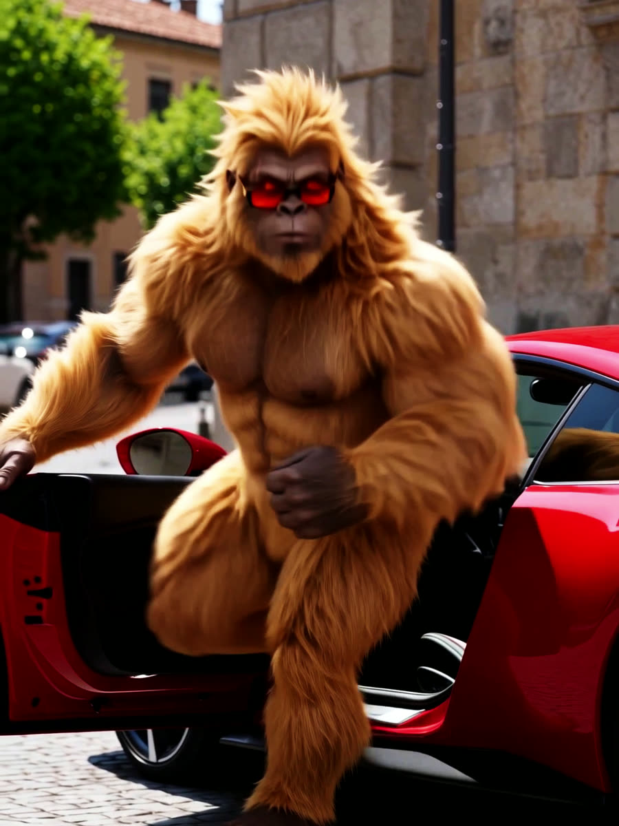 Golden Gorilla stapt uit een rode sportwagen