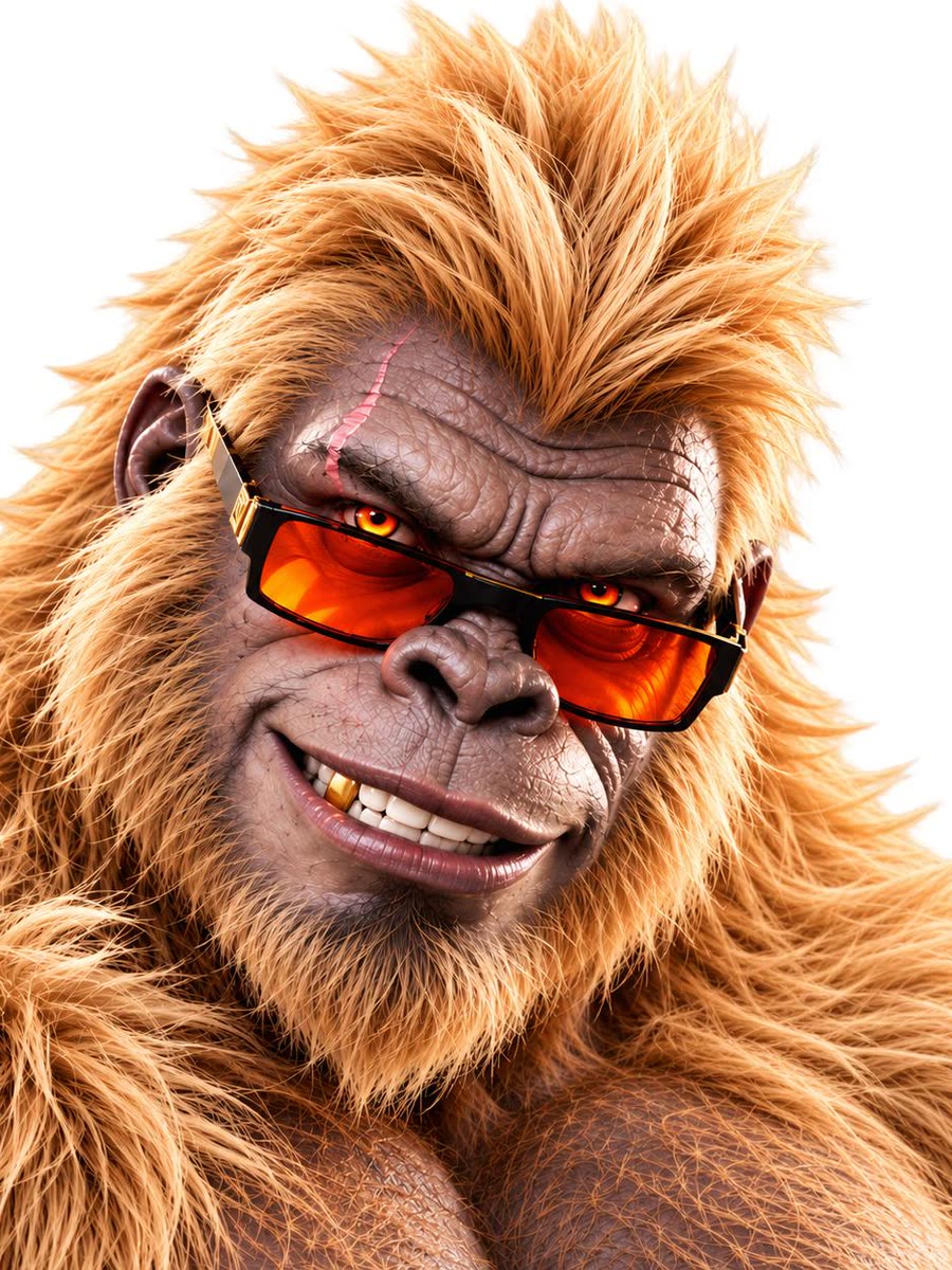 Golden Gorilla van dichtbij, met oranje zonnebril