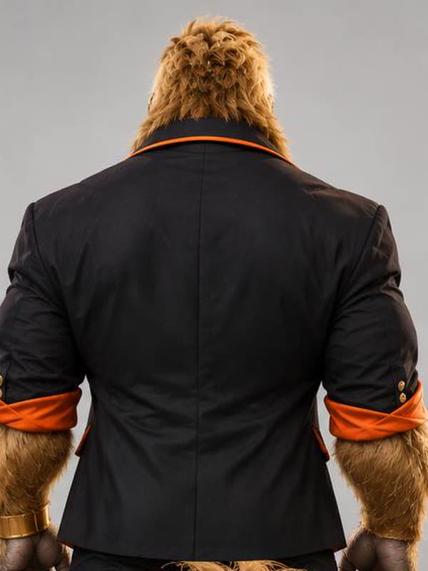 Golden Gorilla in zijn zwarte blazer met oranje bies, van achteren