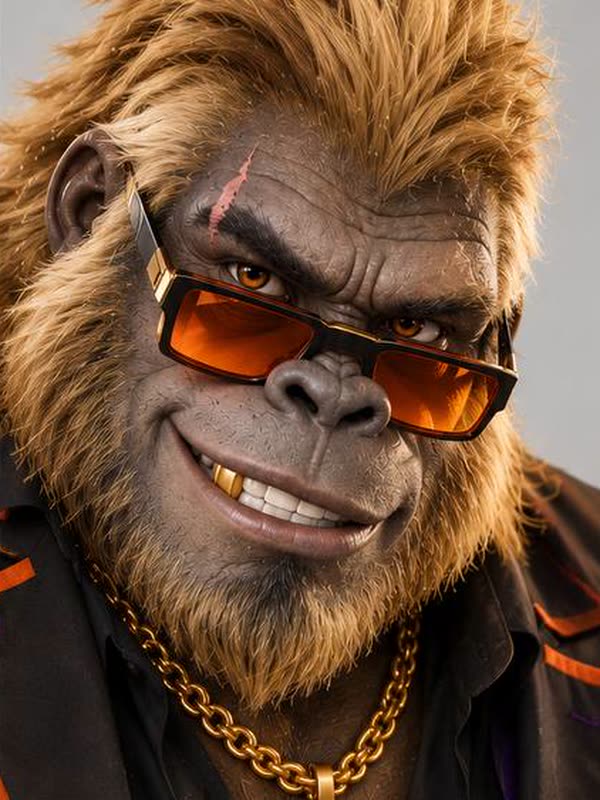 Golden Gorilla lacht, met gouden ketting