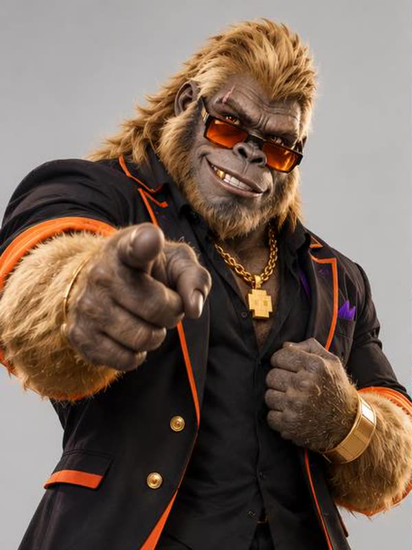 Golden Gorilla in blazer wijst naar de camera