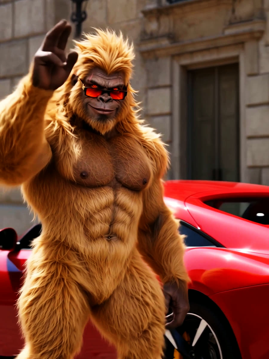 Golden Gorilla zwaait naast een rode sportwagen
